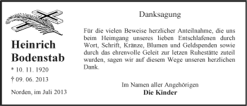 Traueranzeige von Heinrich Bodenstab von Ostfriesischer Kurier