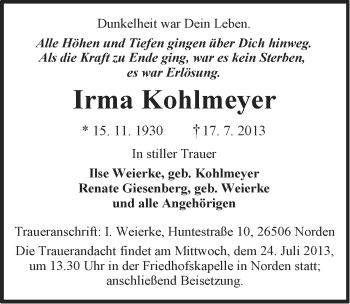 Traueranzeige von Irma Kohlmeyer von Ostfriesischer Kurier
