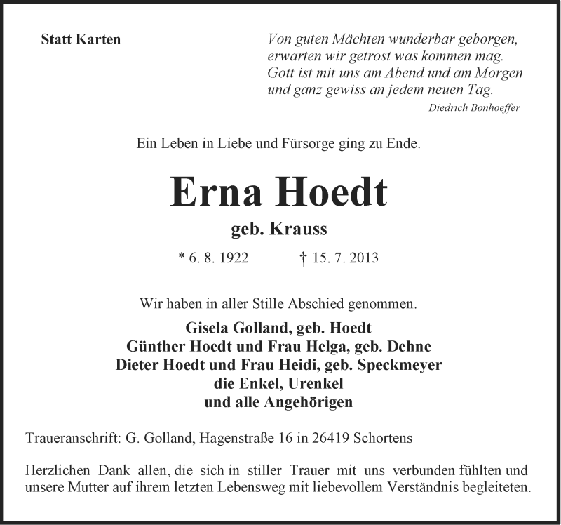  Traueranzeige für Erna Hoedt vom 20.07.2013 aus Ostfriesischer Kurier