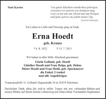 Traueranzeige von Erna Hoedt von Ostfriesischer Kurier