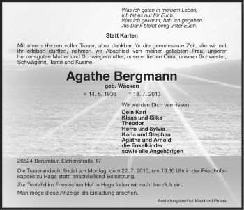 Traueranzeige von Agathe Bergmann von Ostfriesischer Kurier