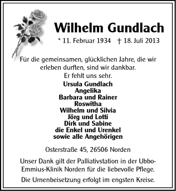 Traueranzeige von Wilhelm Gundlach von Ostfriesischer Kurier