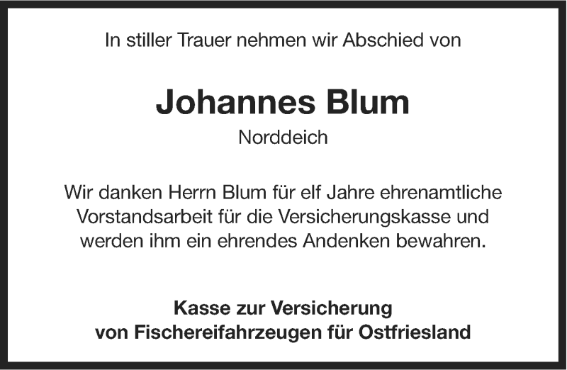  Traueranzeige für Johannes Blum vom 20.07.2013 aus Ostfriesischer Kurier