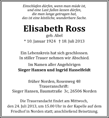 Traueranzeige von Elisabeth Ross von Ostfriesischer Kurier
