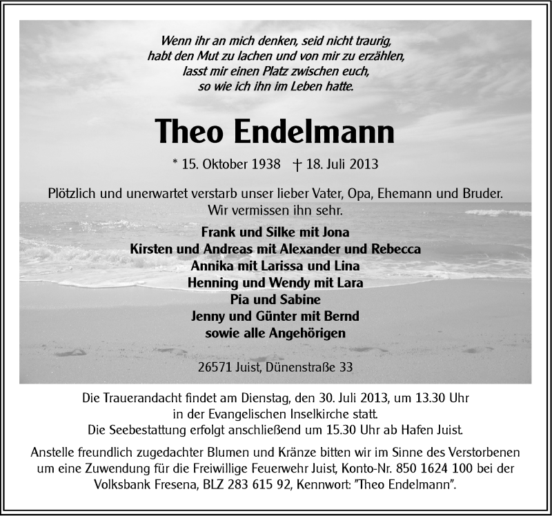  Traueranzeige für Theo Endelmann vom 20.07.2013 aus Ostfriesischer Kurier