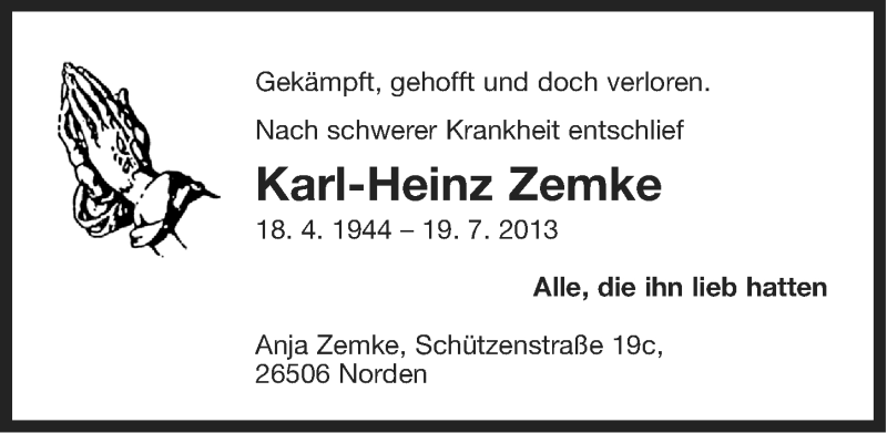  Traueranzeige für Karl-Heinz Zemke vom 23.07.2013 aus Ostfriesischer Kurier