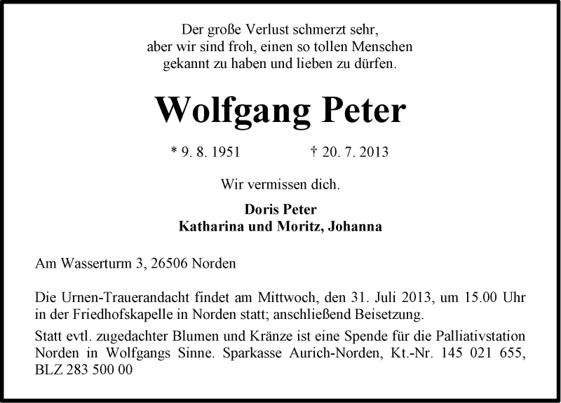  Traueranzeige für Wolfgang Peter vom 23.07.2013 aus Ostfriesischer Kurier
