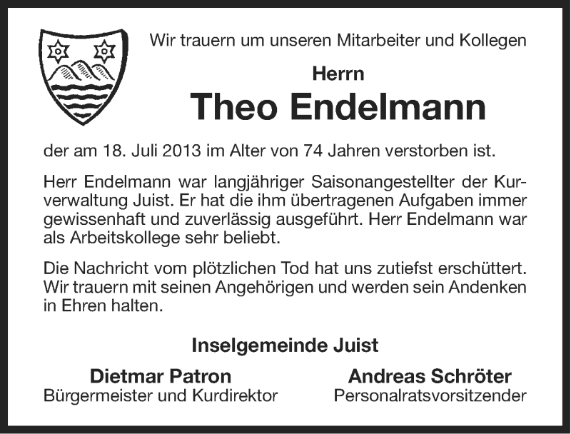  Traueranzeige für Theo Endelmann vom 23.07.2013 aus Ostfriesischer Kurier