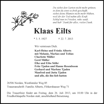 Traueranzeige von Klaas Eilts von Ostfriesischer Kurier