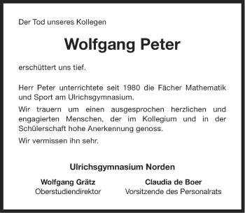 Traueranzeige von Wolfgang Peter von Ostfriesischer Kurier