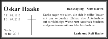 Traueranzeige von Oskar Haake von Ostfriesischer Kurier