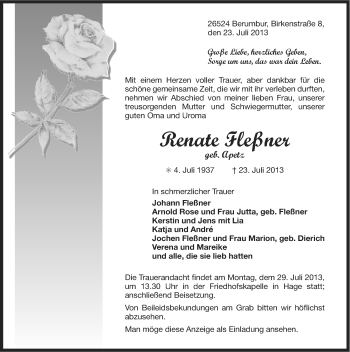 Traueranzeige von Renate Fleßner von Ostfriesischer Kurier