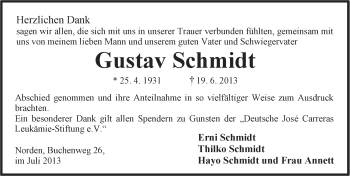 Traueranzeige von Gustav Schmidt von Ostfriesischer Kurier