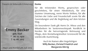 Traueranzeige von Emmy Becker von Ostfriesischer Kurier