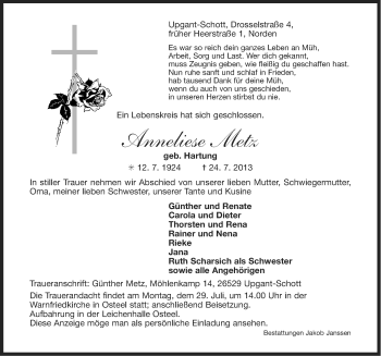 Traueranzeige von Anneliese Metz von Ostfriesischer Kurier