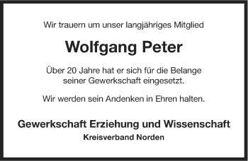 Traueranzeige von Wolfgang Peter von Ostfriesischer Kurier
