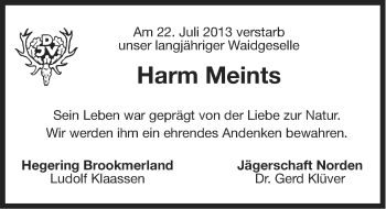Traueranzeige von Harm Meints von Ostfriesischer Kurier