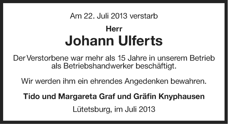  Traueranzeige für Johann Ulferts vom 27.07.2013 aus Ostfriesischer Kurier
