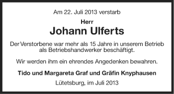 Traueranzeige von Johann Ulferts von Ostfriesischer Kurier