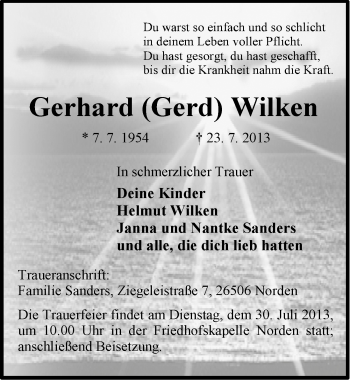 Traueranzeige von Gerhard Wilken von Ostfriesischer Kurier