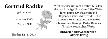 Traueranzeige von Gertrud Radtke von Ostfriesischer Kurier