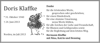 Traueranzeige von Doris Klaffke von Ostfriesischer Kurier