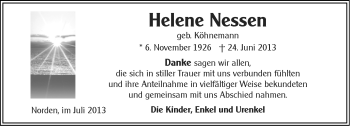 Traueranzeige von Helene Nessen von Ostfriesischer Kurier