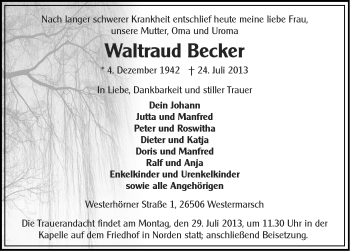 Traueranzeige von Waltraud Becker von Ostfriesischer Kurier