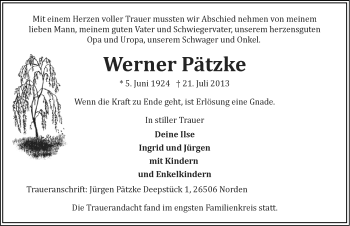 Traueranzeige von Werner Pätzke von Ostfriesischer Kurier