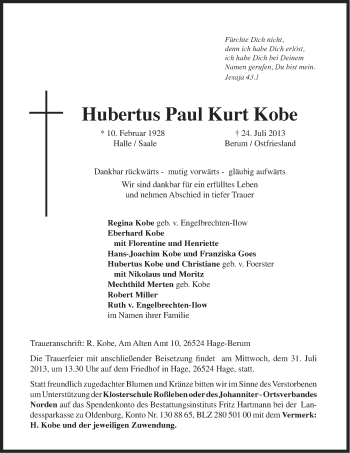 Traueranzeige von Hubertus Paul Kurt Kobe von Ostfriesischer Kurier