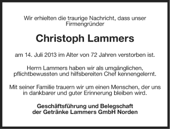 Traueranzeige von Christoph Lammers von Ostfriesischer Kurier