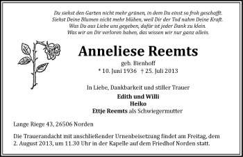 Traueranzeige von Anneliese Reemts von Ostfriesischer Kurier