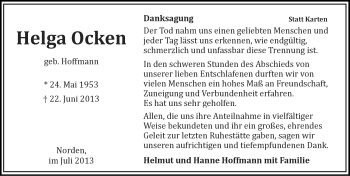 Traueranzeige von Helga Ocken von Ostfriesischer Kurier