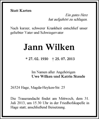 Traueranzeige von Jann Wilken von Ostfriesischer Kurier