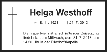 Traueranzeige von Helga Westhoff von Ostfriesischer Kurier