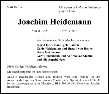 Traueranzeige von Joachim Heidemann von Ostfriesischer Kurier