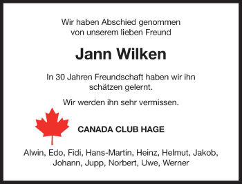 Traueranzeige von Jann Wilken von Ostfriesischer Kurier