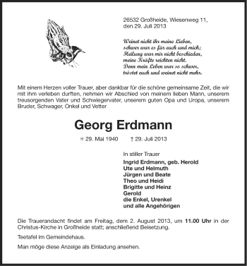 Traueranzeige von Georg Erdmann von Ostfriesischer Kurier