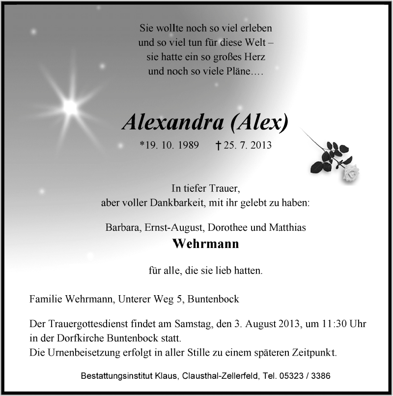  Traueranzeige für Alexandra (Alex) . vom 31.07.2013 aus Ostfriesischer Kurier