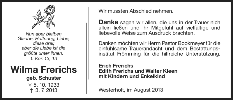  Traueranzeige für Wilma Frerichs vom 03.08.2013 aus Ostfriesischer Kurier