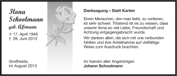 Traueranzeige von Ilona Schoolmann von Ostfriesischer Kurier