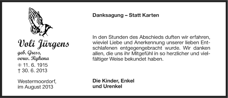  Traueranzeige für Voli Jürgens vom 03.08.2013 aus Ostfriesischer Kurier