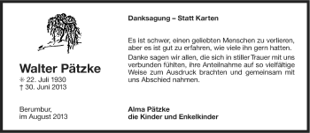 Traueranzeige von Walter Pätzke von Ostfriesischer Kurier