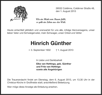 Traueranzeige von Hinrich Günther von Ostfriesischer Kurier