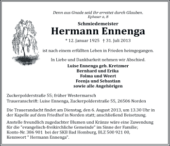Traueranzeige von Hermann Ennenga von Ostfriesischer Kurier