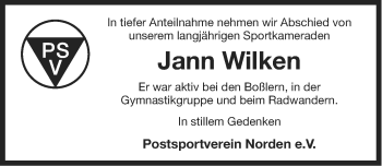 Traueranzeige von Jann Wilken von Ostfriesischer Kurier