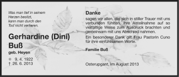 Traueranzeige von Gerhardine Buß von Ostfriesischer Kurier