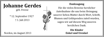 Traueranzeige von Johanne Gerdes von Ostfriesischer Kurier