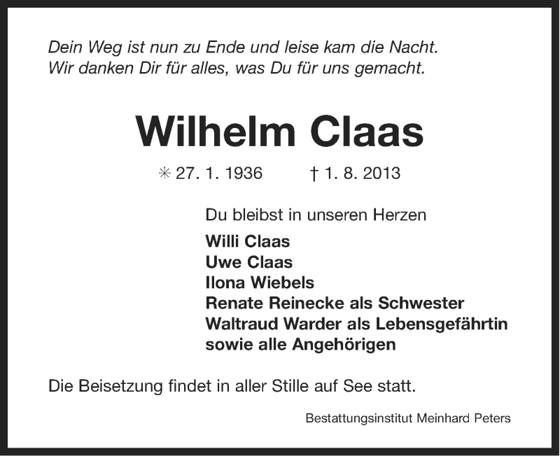  Traueranzeige für Wilhelm Claas vom 03.08.2013 aus Ostfriesischer Kurier