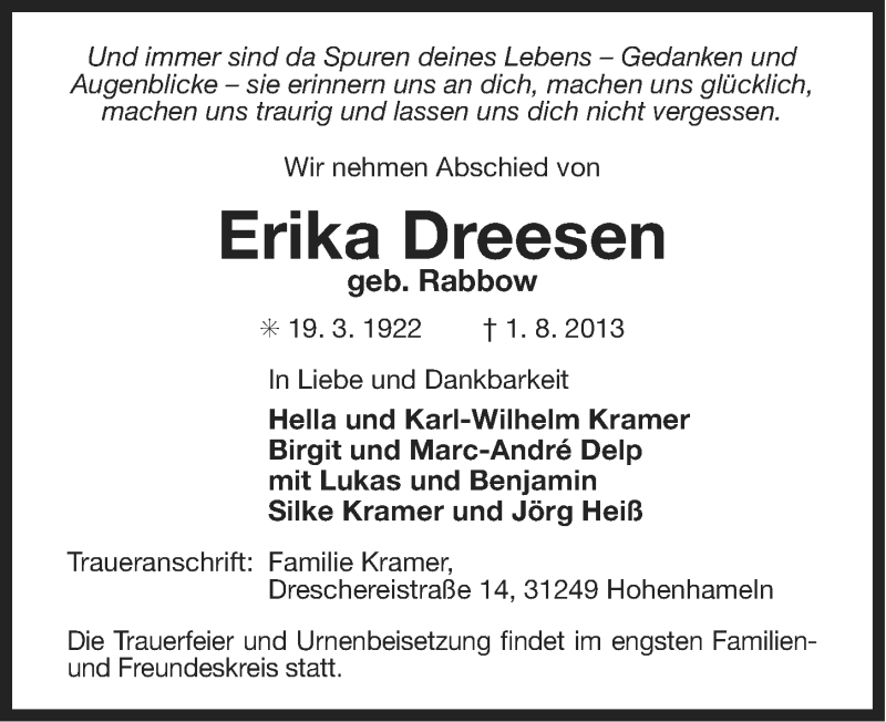  Traueranzeige für Erika Dreesen vom 03.08.2013 aus Ostfriesischer Kurier